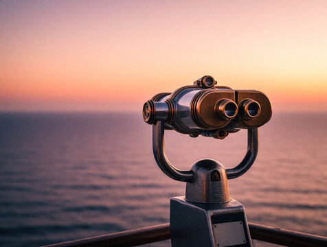 Coin operated binoculars offer distant ocean view at colorful sunset. Explore sea horizon, admire sky gradient from boat deck or viewpoint. Future journeys await.