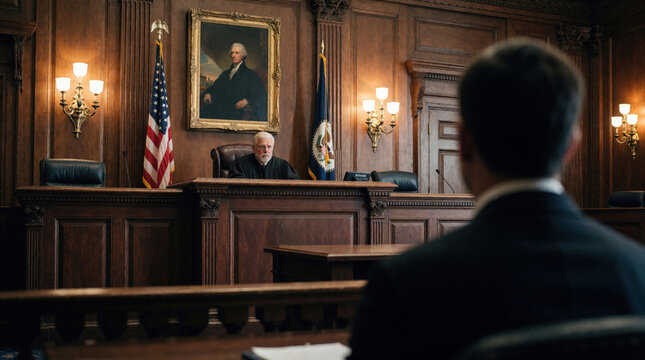 Courtroom scene with judge presiding over hearing from bench. American flag and portrait visible. Person in foreground observes proceedings. Justice system in session.