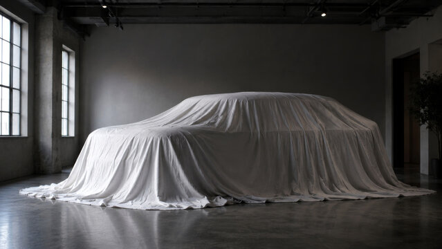 Large vehicle covered with white fabric in a dark minimalist showroom, representing mystery, anticipation, product launch, unveiling, and automotive design