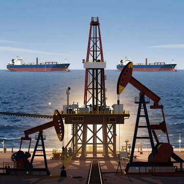 Fashion Illustration Tank Natural. Oil And Gas Industry Silhouettes Depict Offshore Oil Rigs, On-Land Drilling Rigs, Pumpjacks, Barrels, Railroads, And An Oil Refinery. Illustrated In A Unique Style