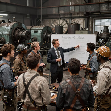 Steampunk Factory Standing. A Diverse Team Of Factory Workers Stands In A Morning Meeting With Their Manager At An Industrial Warehouse
