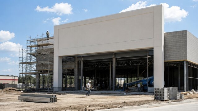 Large commercial building under construction with workers, scaffolding, and unfinished storefront, representing retail development and real estate investment