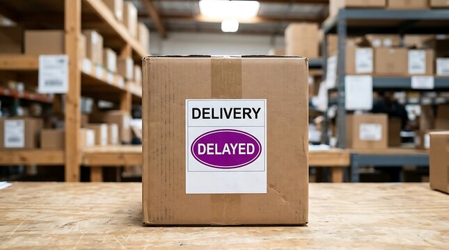 Cardboard Delivery Box with Delayed Label in a Warehouse Setting delivery, box, package, shipping, logistics, warehouse, storage, delayed, label, cardboard, freight
