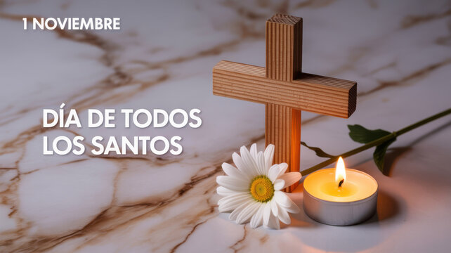 All Saints Day memorial with candle cross and white daisy