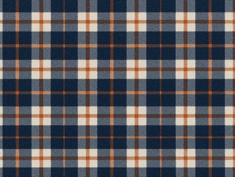 Seamless grid pattern features navy blue fabric with orange and cream plaid checks. Classic textile design for clothing or decor background. Offers warmth and tradition.