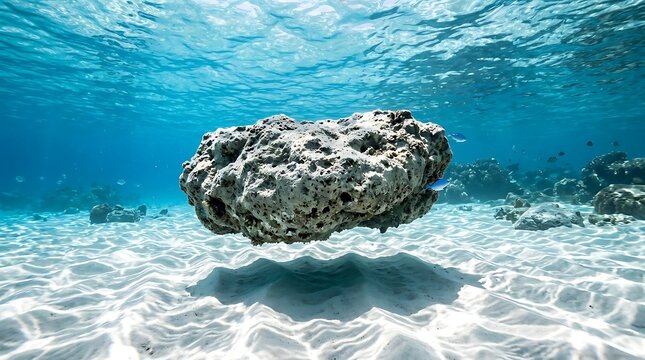 Underwater scene with a floating rock and small fish over sandy seabed ocean