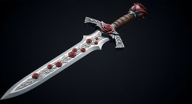 Fantasy sword with red roses and silver blade on a dark background