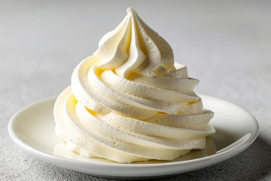Close up of lemon chantilly cream dessert on white plate. Swirled whipped cream with citrus flavor sits on light grey background. Tasty yellow pudding mousse serves as sweet gourmet food for vegan