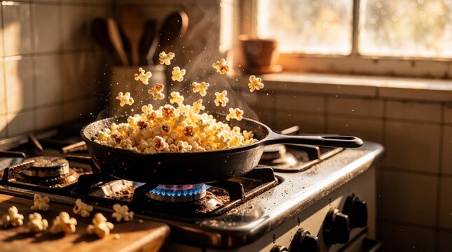 Corn kernels pop in cast iron pan on gas stove. Golden popcorn flies into air in warm sunny kitchen. Homemade snack cooking with hot flames, sunlight. Tasty treat prepared for movie night at home