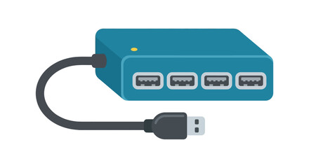 Obraz premium Usb hub with multiple ports and a connecting cable is illustrated in a flat style