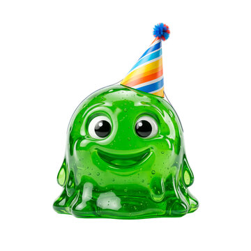 Cute green slime monster character wearing a party hat, ready for Halloween celebrations PNG Isolated on transparent background