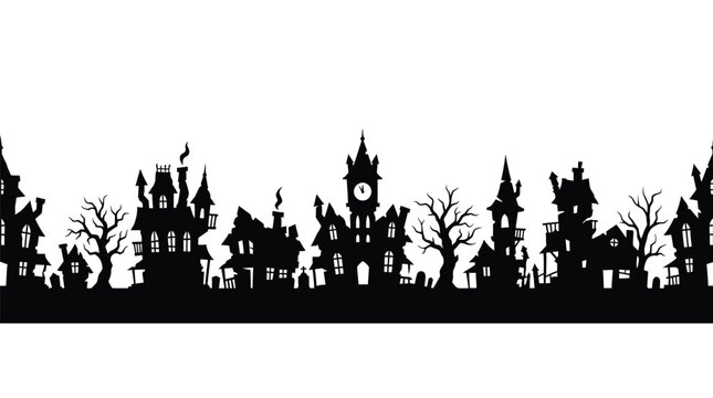 Spooky haunted house silhouette border featuring creepy gothic architecture leafless trees and tombstone silhouettes isolated on a crisp white background
