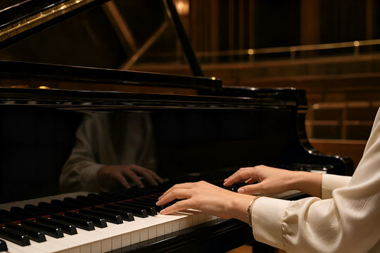 Close up of female musician hands playing grand piano keys under dramatic stage light