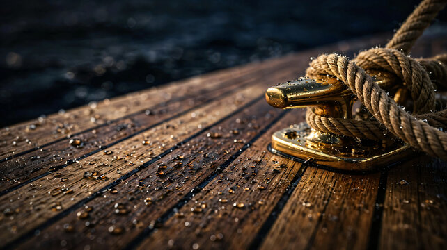 Close up of nautical rope tied to golden boat cleat on wet wooden deck with water droplets showcasing marine hardware and sailing equipment detail.