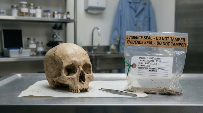Forensic Science Investigation Human Skull Evidence Discovery in Lab