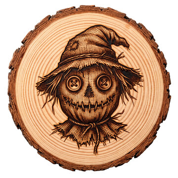 Spooky Scarecrow Face Pyrography Design on Natural Wood Slice for Halloween Decorations PNG Isolated on transparent background