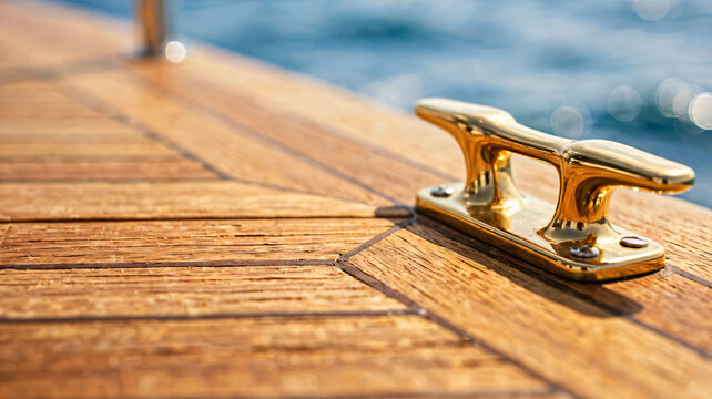 Close up of shiny brass mooring cleat on luxurious varnished teak yacht deck with deep blue ocean water and elegant nautical detail.