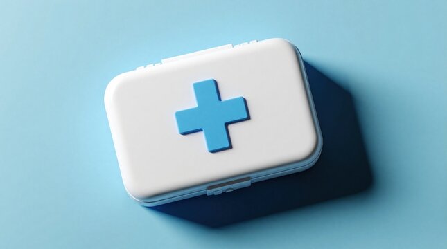 White first aid kit with blue cross symbol on light blue background. Portable medical box for emergency help, health care. Essential medicine container for safety, rescue, urgent treatment in clinic