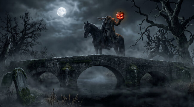 3D realistic scene of the headless horseman holding a lit jack-o-lantern on a dark bridge under full moon. Visual concept for Halloween background, spooky folklore, and horror atmosphere.