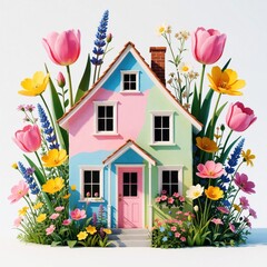 Fototapeta premium Colorful cottage with pink walls, blue trim stands surrounded by huge bright flowers. Vibrant garden with tulips, lavender, daisies grows around small home. Spring landscape concept featuring