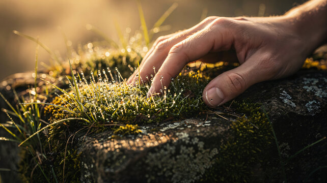 Peaceful human hand gently touching lush green moss and dewy grass on rock at golden hour sunset with warm sunlight and calm forest nature atmosphere.
