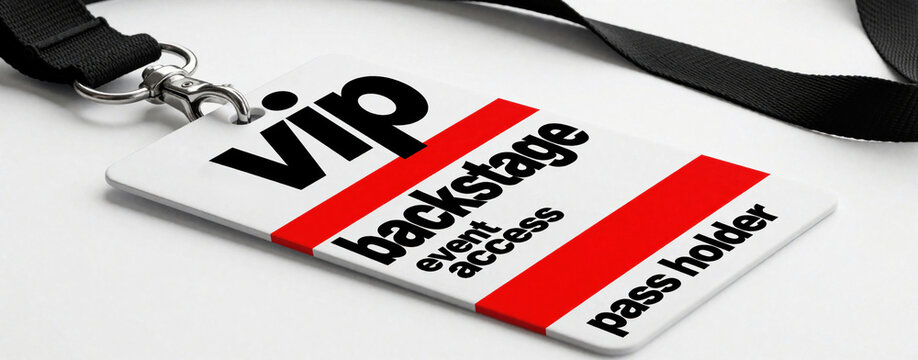 White VIP backstage pass with red stripes on black lanyard. Premium event access badge for concert staff guest. Modern identity card template for music festival exclusive show entry. Minimalist