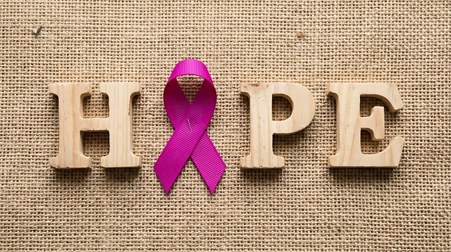 Breast Cancer Awareness Month Wooden letters spell HOPE with a pink ribbon on burlap fabric hope breast cancer awareness