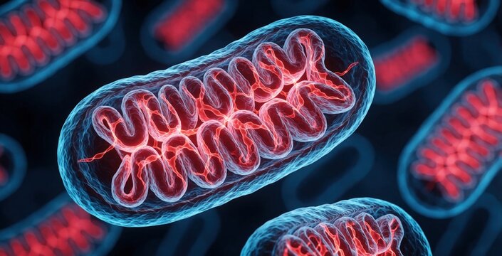 Cellular mitochondria powerhouses glow red within blue translucent membranes. Microscopic view shows organelle energy production, inner membrane cristae detail cellular respiration and metabolism.