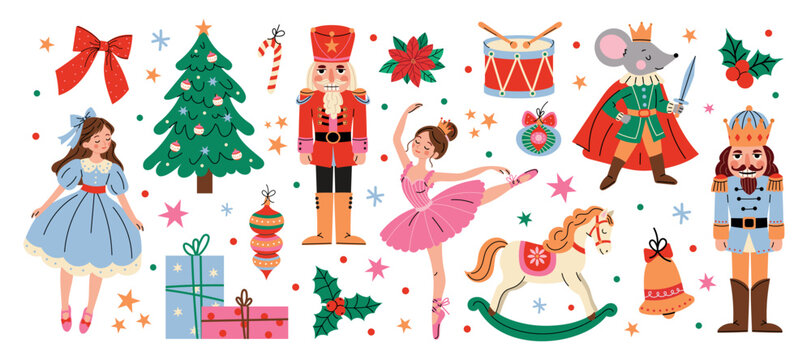 Nutcracker Christmas vector illustration set with Clara, ballerina, Mouse King, toy soldiers, horse and festive decorations. Cute fairytale winter holiday collection for design and greeting cards.