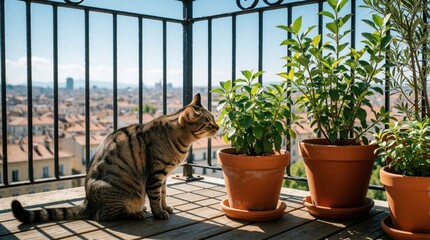 Obraz premium Tabby cat sniffs potted plants on sunlit balcony with city view. Curious pet explores green plants on warm daytime terrace. Urban feline enjoys habitat outdoors.