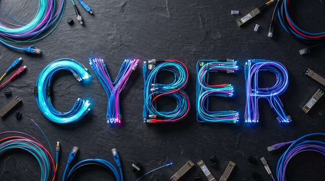 CYBER Word Made from fiber optic cables on Dark Textured Background