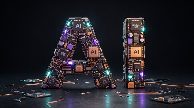 Luxury AI Word Art of electronic components on Black Studio Surface