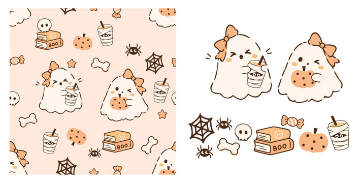 Seamless Halloween ghost pattern featuring playful white sheet ghosts with orange bows, mummy drinks, chocolate chip cookies, spooky spiders, skulls, cobwebs and books with BOO lettering vector.