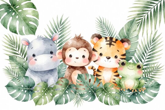 Cute watercolor baby jungle animals hippo monkey tiger frog sit among tropical leaves. Adorable nursery wildlife composition with pastel botanical style art. Gentle forest friends, sweet zoo friends.