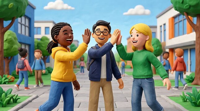 Three diverse students high fiving outside a school building on transparent background
