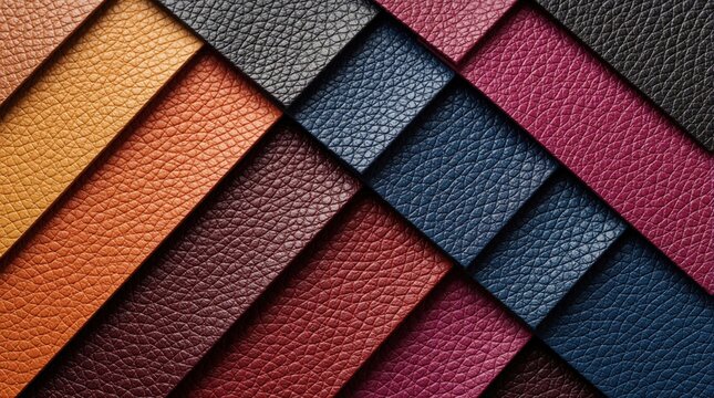 Diagonal arrangement of multicolored leather swatches. Samples showcase different textures and colors of material, perfect for fashion and design inspiration.
