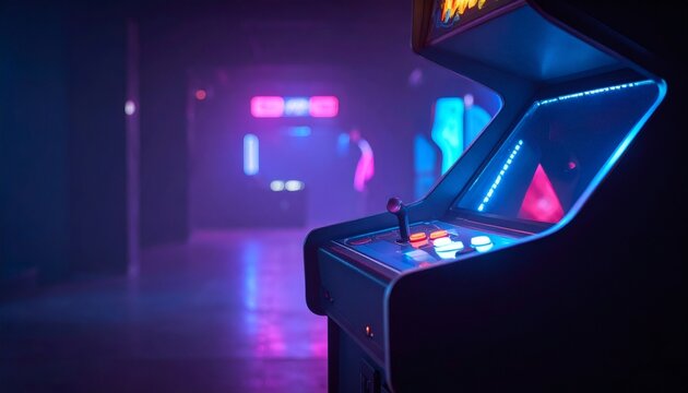 Retro arcade game machine in neon lit funhouse