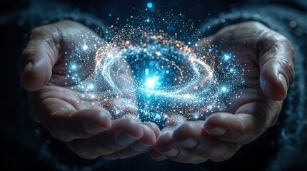 Fototapeta premium Human hands hold glowing cosmic energy ball. Blue holographic light particles swirl in palms like nebula galaxy. Spiritual connection through magic stardust, futuristic technology concept. Ethereal