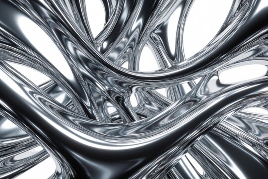 Abstract silver metallic structure with fluid curves and reflections. Intertwined polished chrome tubes form an organic network. Shiny metallic shapes create a modern background texture.