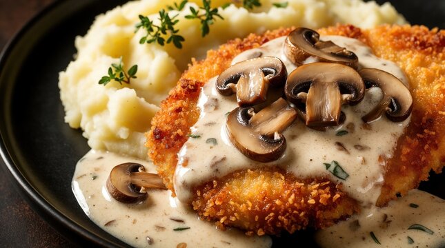 Crispy breaded chicken schnitzel served with creamy mushroom sauce, mashed potatoes on black plate. Golden fried meat fillet topped with sliced fungi gravy. Delicious homemade dinner meal with tasty