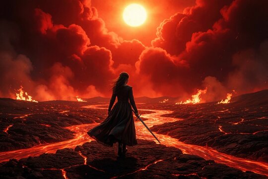 Woman with sword walks through lava field under red sky. Fiery clouds and burning ground create dramatic, apocalyptic scene. She appears strong and resolute facing danger.