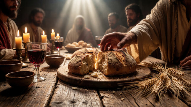 Jesus breaks bread with disciples at a candlelit table, sharing wine and wheat. This biblical scene shows the Last Supper, a core event in Christian faith and tradition.