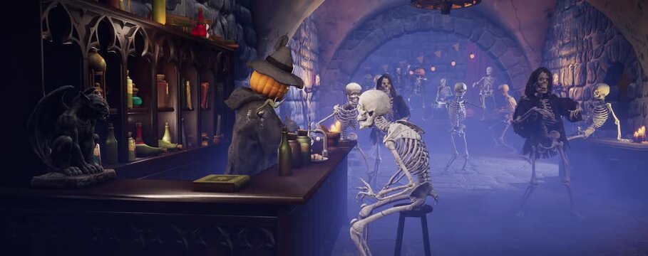 A funny 3D animation of a Halloween Jack-o'-lantern talking to a skeleton at a spooky night party in a dungeon pub