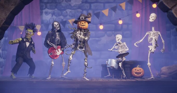 Scary pumpkin Jack O&rsquo; Lantern dancing with a skeletons. 3D animation of a Halloween party in a spooky dungeon.
