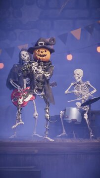 Scary pumpkin Jack O&rsquo; Lantern dancing with a skeletons. 3D animation of a Halloween party in a spooky dungeon.