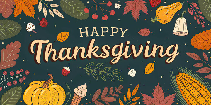 Happy Thanksgiving Autumn Harvest Cornucopia Pumpkins Leaves Celebration Vintage