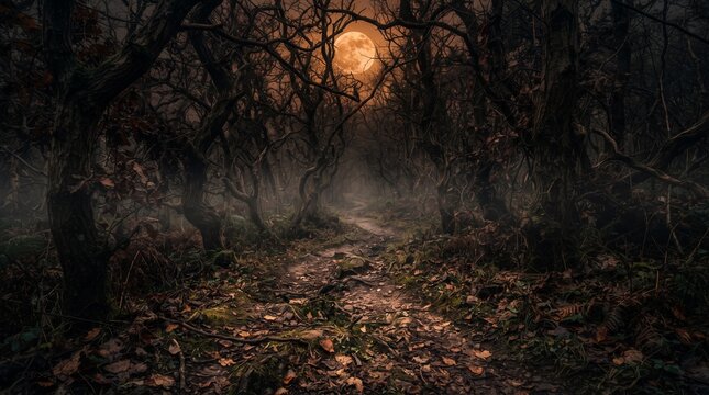 Forest Fire at Night Among Autumn Trees and Woodland Foliage with Dramatic Light, Foggy Landscape and Mysterious Natural Wilderness Scene
