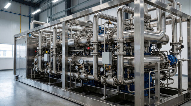 Industrial skidmounted organic Rankine cycle unit with complex pipework system. This compact modular tech converts heat to electricity efficiently.
