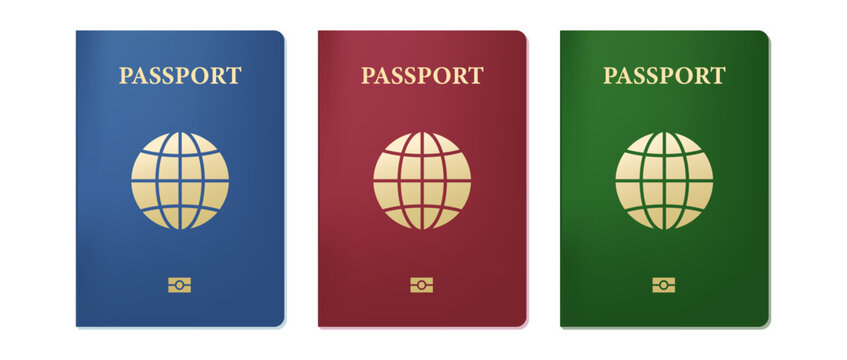 Blue, green and red International Passport Cover with Globe Symbol, Travel and Identification Concept