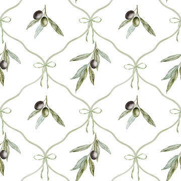Olive seamless pattern with hanging branches, dark fruit and bows on isolated background. Watercolor repeat with leaves and ribbons for wedding invitations, wrapping paper and surface design.
